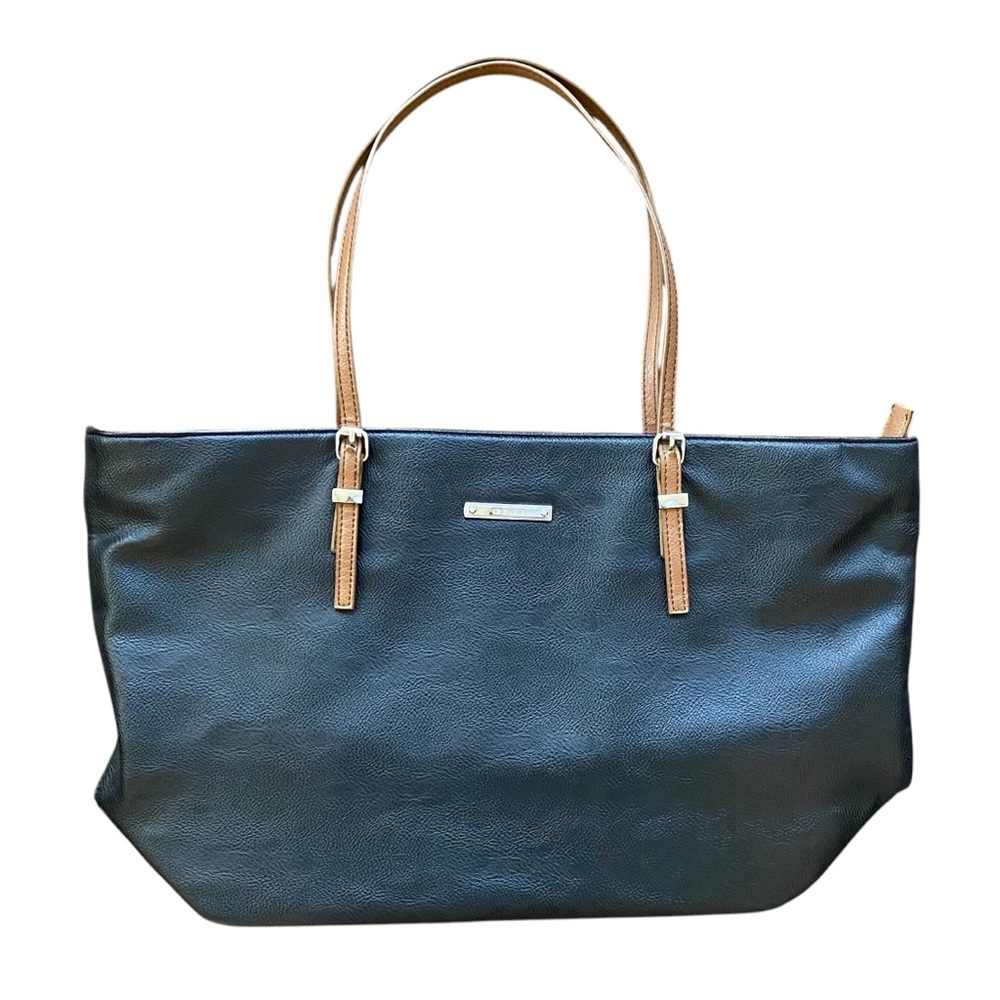 Nine West Black Tote Bag Purse Tan Adjustable Straps Zip Closure Clean EUC
